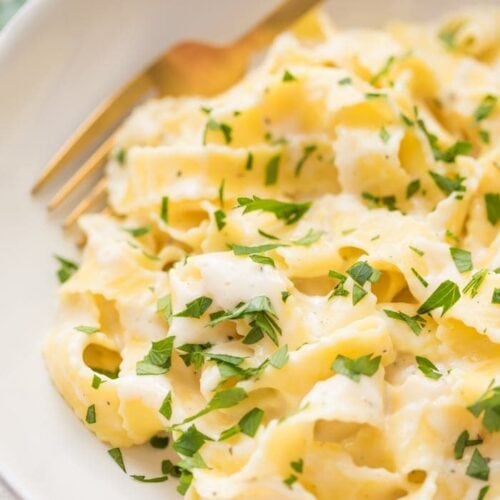 Cottage cheese alfredo with fettuccine noodles in a bowl