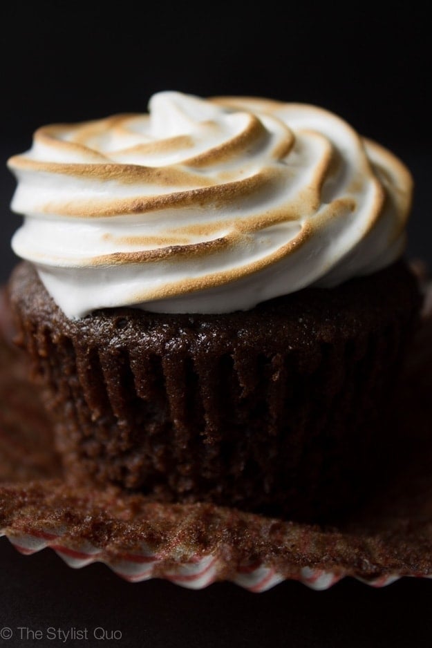 Hot Chocolate Cupcakes with Toasted Marshmallow Frosting