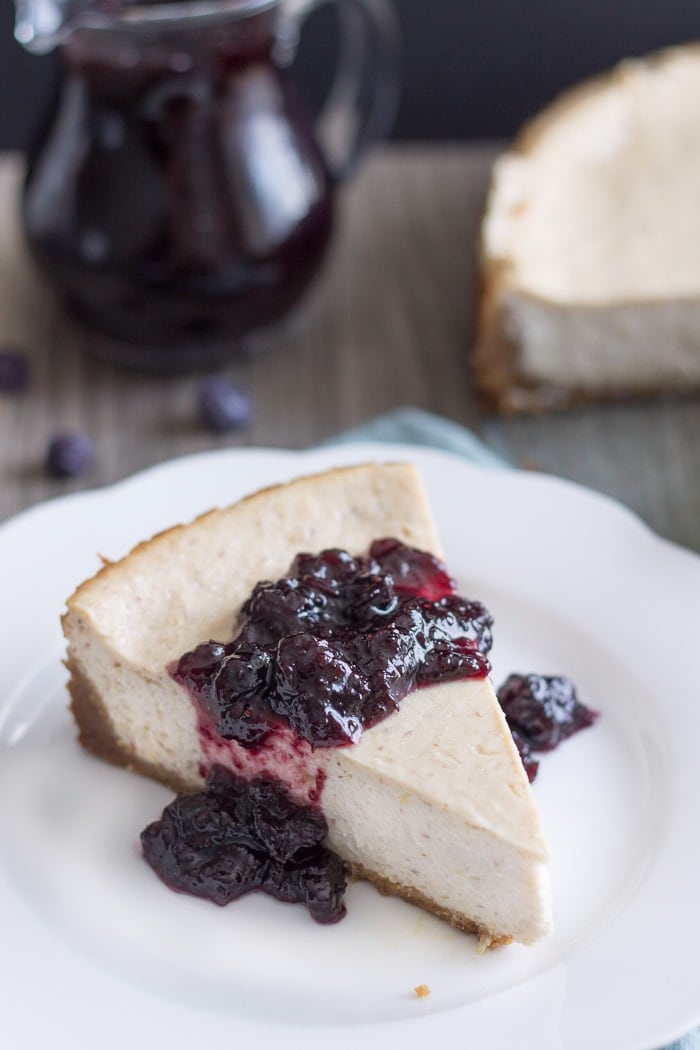 Vegan Lemon Ricotta Cheesecake with Blueberry White Wine Sauce