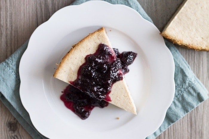 Vegan Lemon Ricotta Cheesecake with Blueberry White Wine Sauce