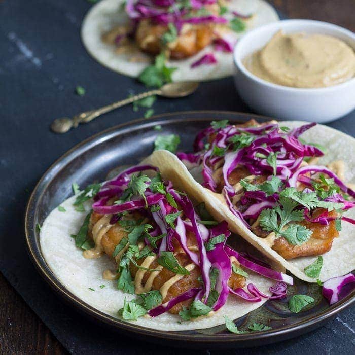 Beer Battered Tofu Tacos with Chipotle Aioli (Vegan). These are basically the greatest things of all time, period.