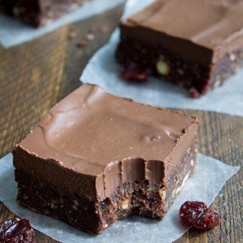 Raw Frosted Chocolate Cherry Brownies. The ultimate raw brownie - rich and chocolatey with bright bits of sweet-tart cherries. Perfecto