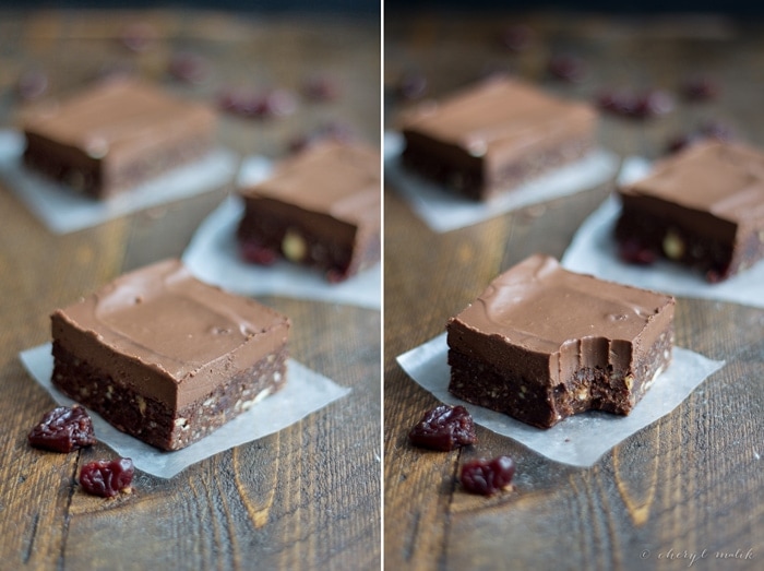 Raw Frosted Chocolate Cherry Brownies. The ultimate raw brownie - rich and chocolatey with bright bits of sweet-tart cherries. Perfecto