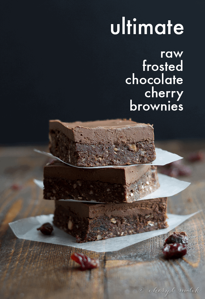 Raw Frosted Chocolate Cherry Brownies. The ultimate raw brownie - rich and chocolatey with bright bits of sweet-tart cherries. Perfecto