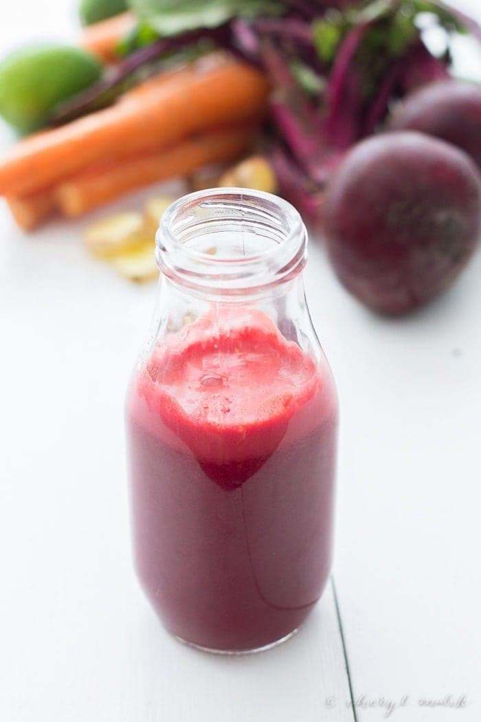 Summer Wellness Juice. Beet, carrot, ginger, turmeric, and lime for a refreshing superpower summer juice