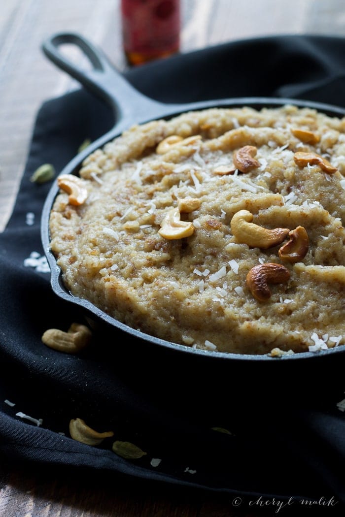 Vegan Bread Halwa for Eid. Bread, coconut oil, almond milk, sugar, rose water, and cardamom - delicious!