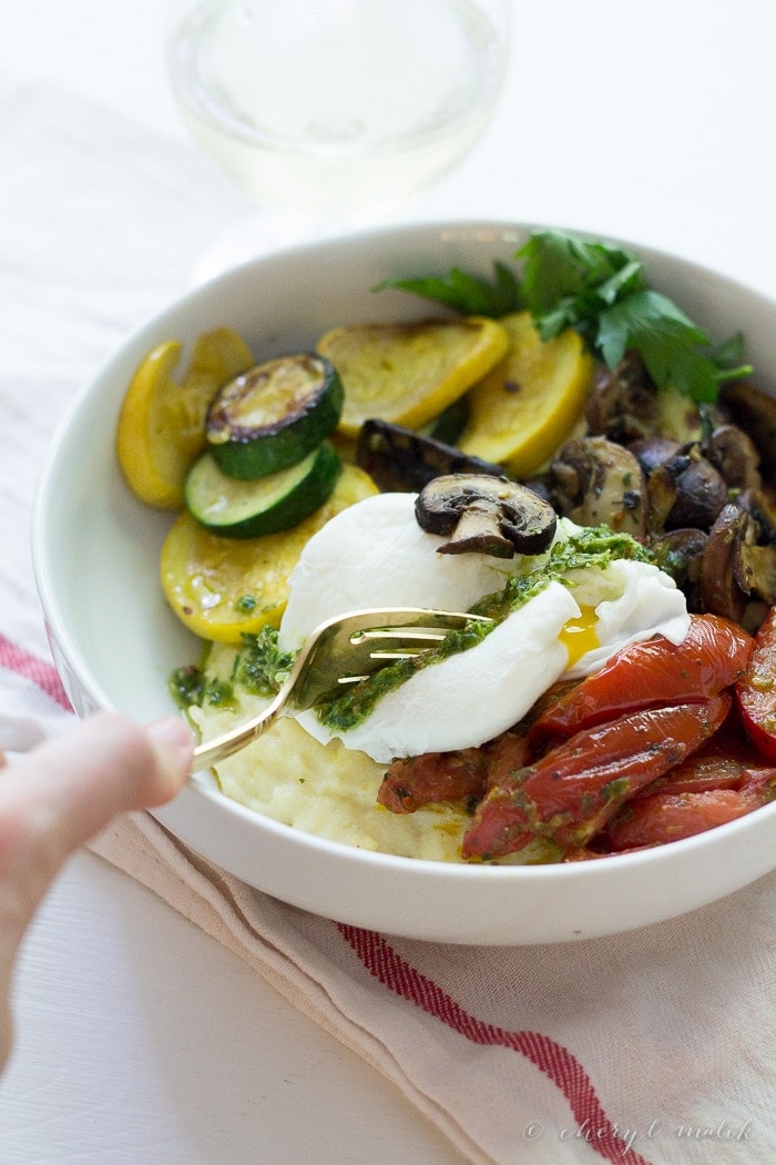 Summer Polenta Bowl with chimichurri. Full of fresh summer veggies, this one-bowl meal is healthy, hearty, and totally delicious.