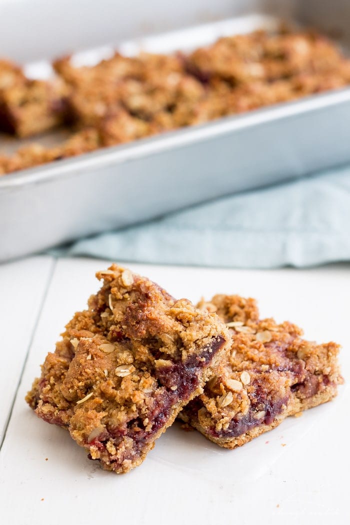 PB&J Bars. Vegan, gluten-free, and refined sugar free, this fun take on the classic sandwich  will become a back to school tradition!