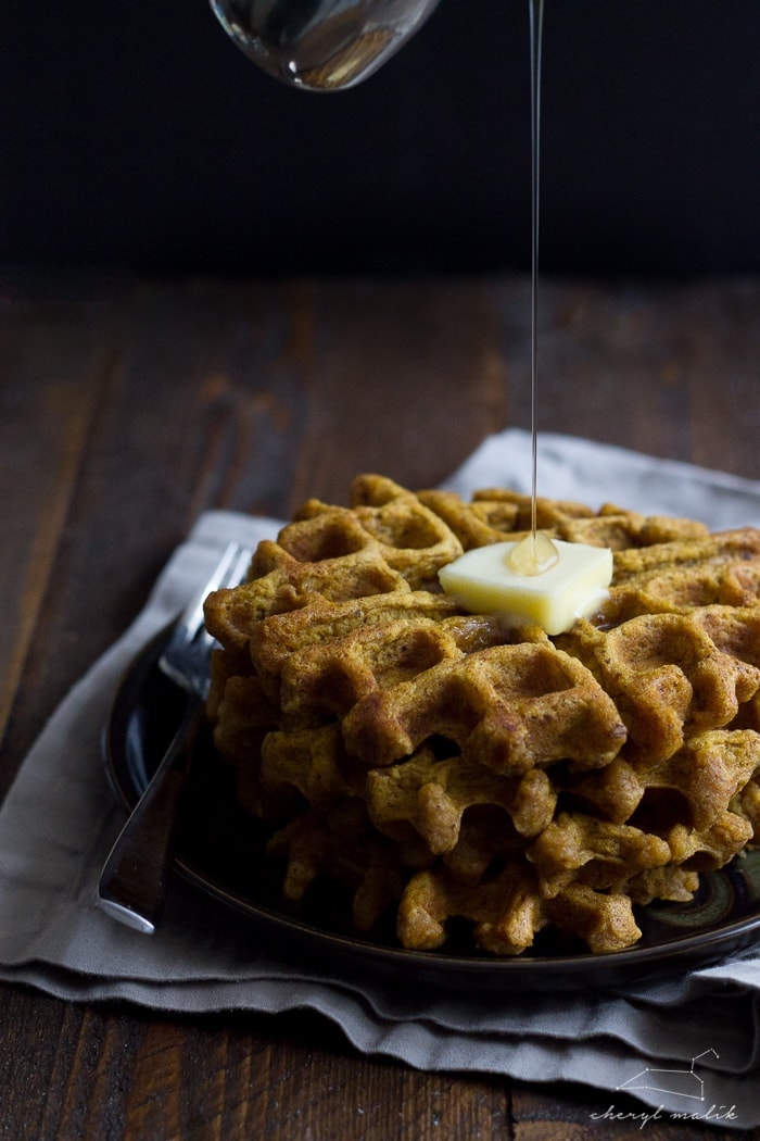 Tender, spiced vegan pumpkin waffles. Perfect for fall mornings