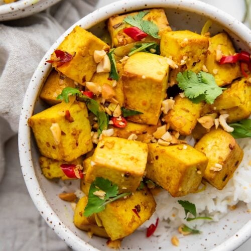 Lemongrass tofu in a bowl with white rice