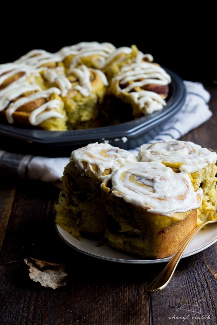 Vegan pumpkin cinnamon rolls with a maple-cream cheese glaze - simplified and ready in about 2 hours, these are the perfect fall breakfast