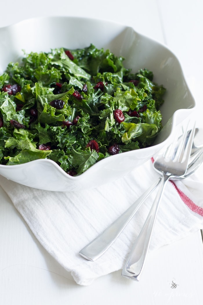 A bright and light raw kale salad tossed in a lemony honey vinaigrette and dotted with sweet, tart dried cranberries. The perfect side dish for a heavy holiday feast!