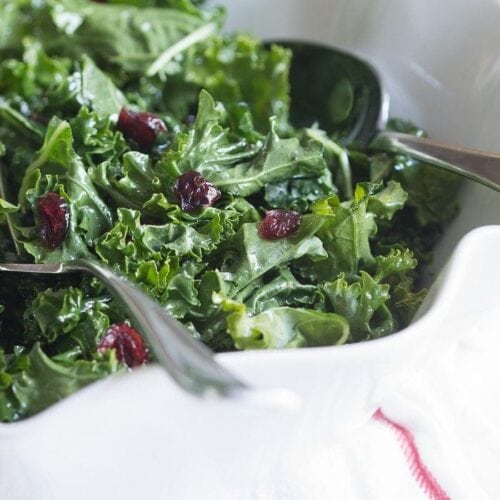 A bright and light raw kale salad tossed in a lemony honey vinaigrette and dotted with sweet, tart dried cranberries. The perfect side dish for a heavy holiday feast!