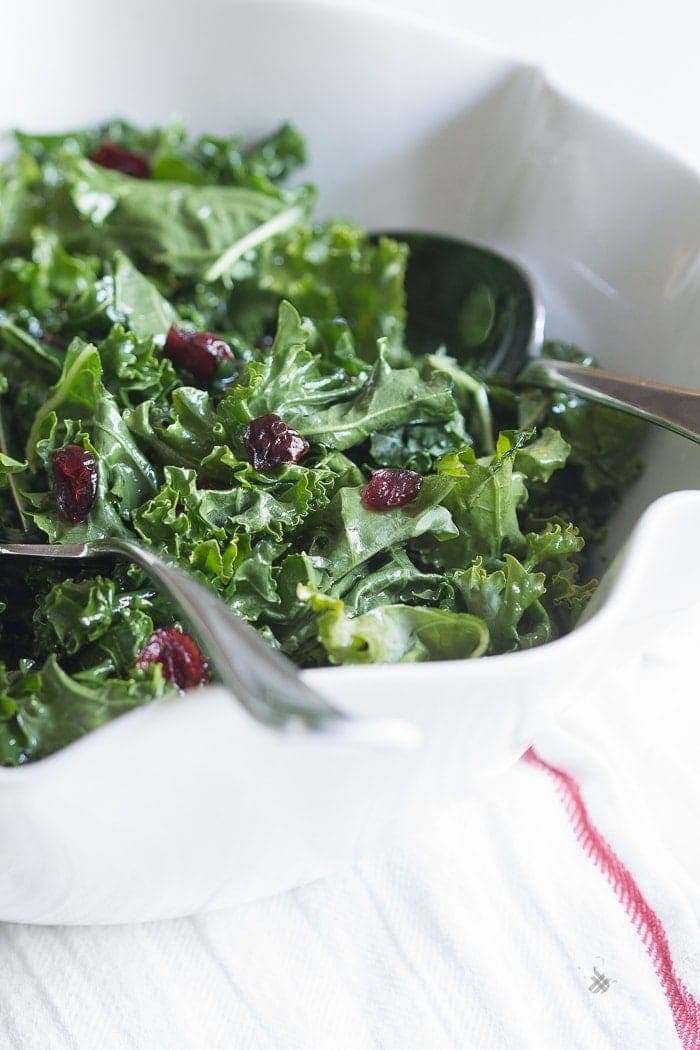 A bright and light raw kale salad tossed in a lemony honey vinaigrette and dotted with sweet, tart dried cranberries. The perfect side dish for a heavy holiday feast!