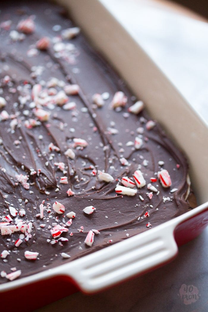 Peppermint layer brownies. Unbelievable peppermint chocolate layered brownies: tender brownie, creamy cool frosting, and rich pepperminty ganache. Oh. My. Heavens. // 40 Aprons