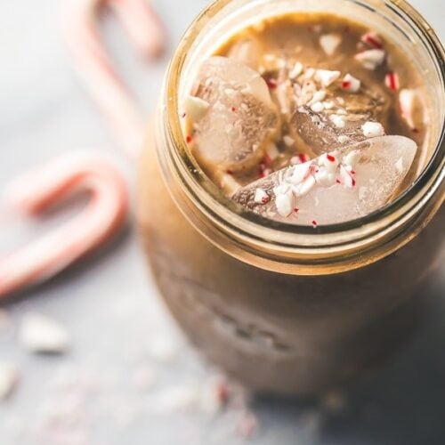 This paleo iced peppermint mocha uses cocoa powder and cold brew concentrate for the perfect vegan, clean eating holiday coffee drink. Also a vegan iced peppermint mocha or clean eating iced peppermint mocha!