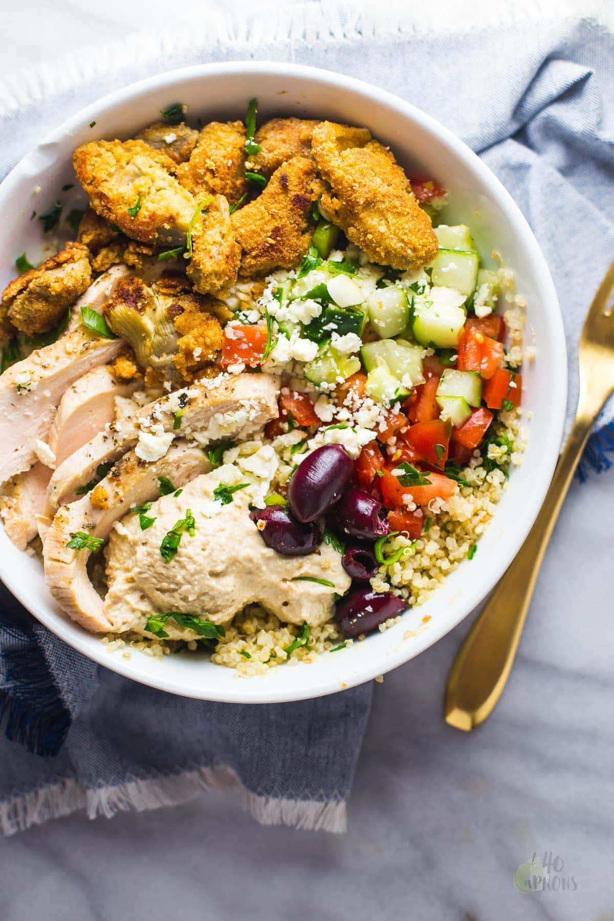 Whole30 Greek Food! Whole30 Greek Goddess Bowls with Crispy Artichoke Hearts and Baba Ganoush