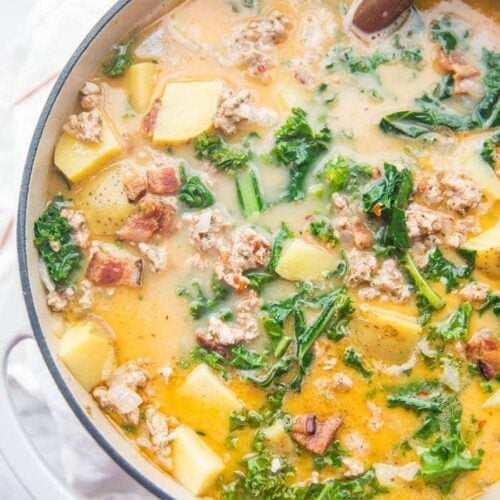 A large pot of Whole30 healthy zuppa toscana recipe