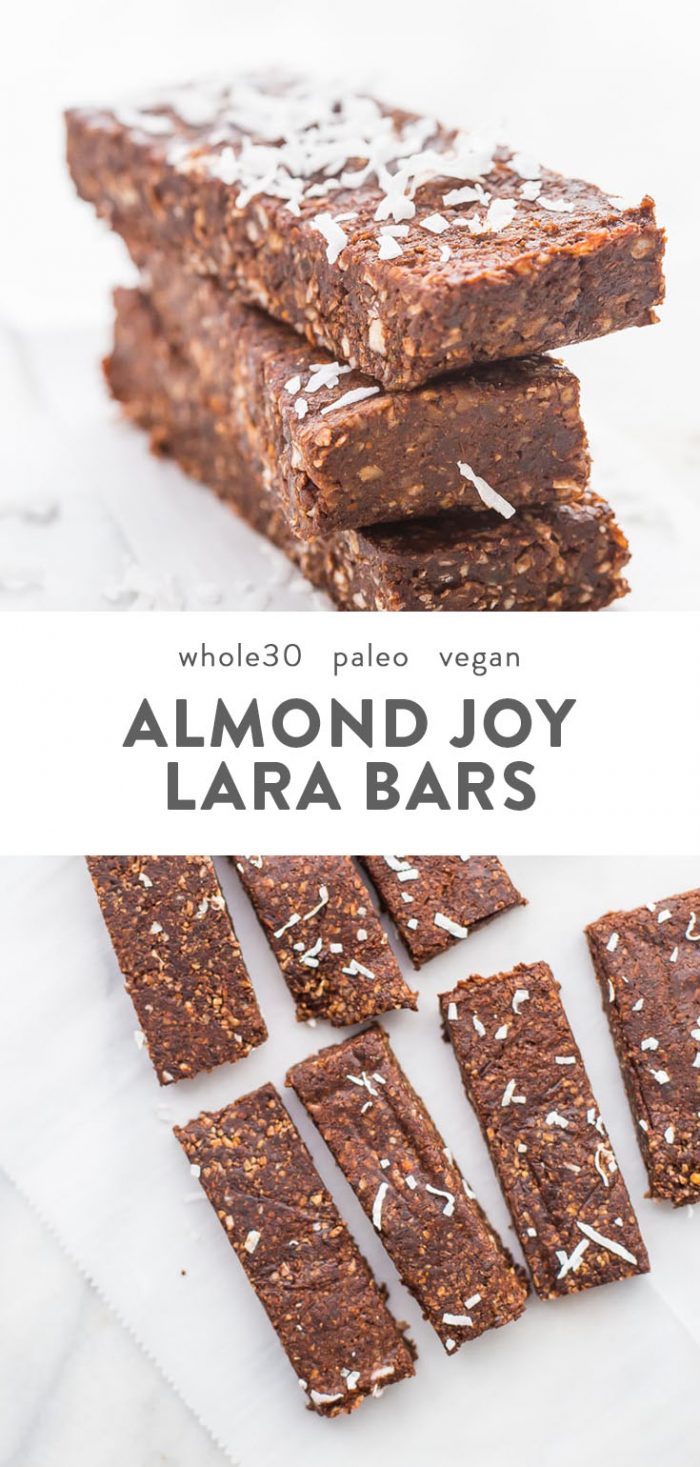 A stack of paleo almond joy copycat lara bars on a marble surface.