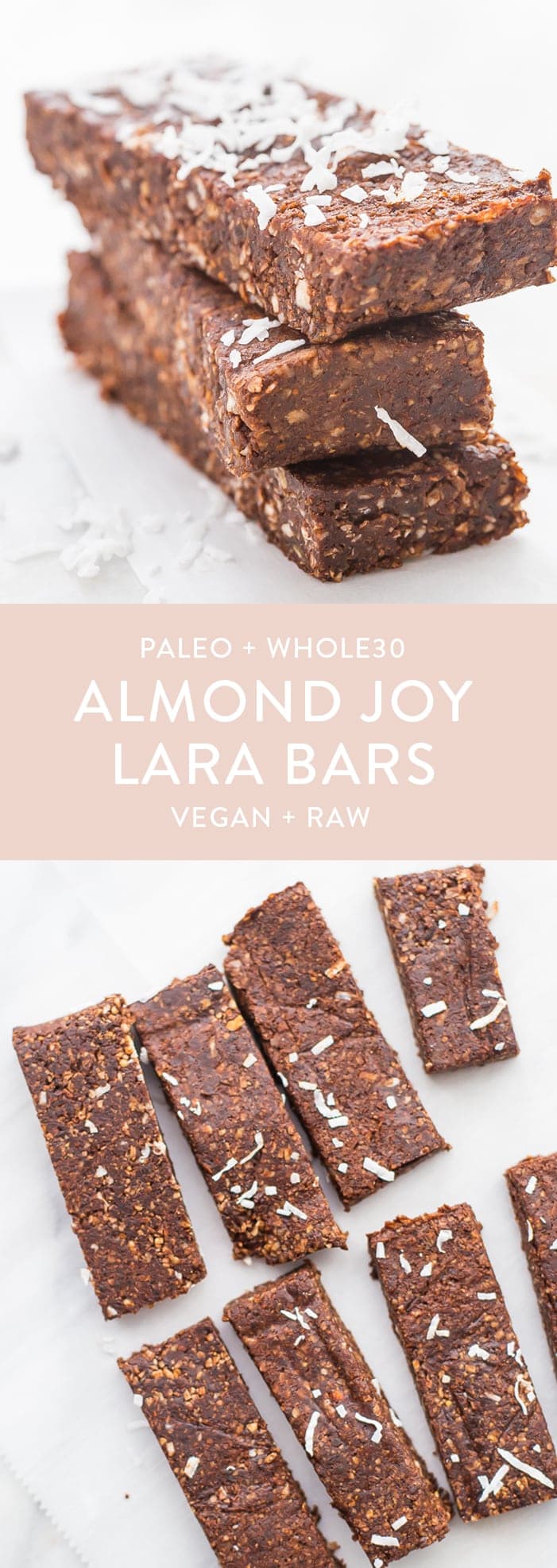 These paleo Almond Joy Lara bars are the perfect combination of coconut and chocolate and are super healthy. A filling and quick paleo snack, they're also Whole30-compliant. Very similar to chocolate coconut chew Lara bars.