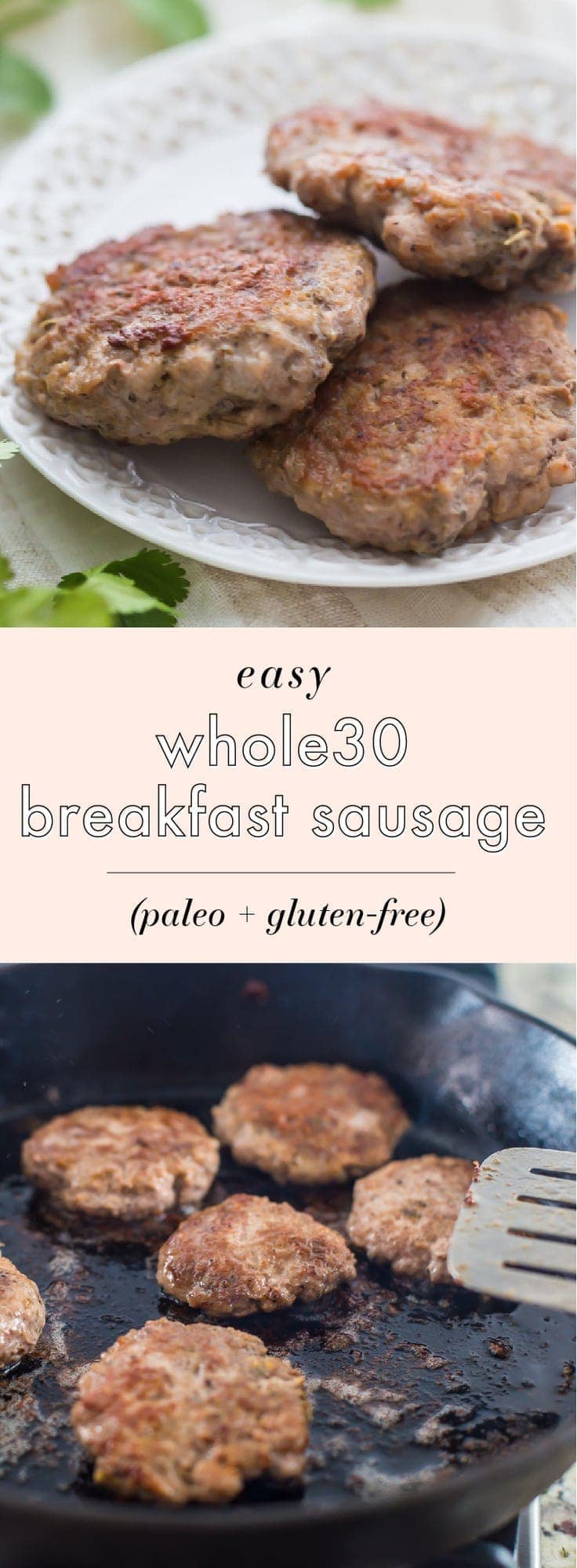 This easy whole30 breakfast sausage tastes surprisingly like the store bought stuff but with no added sugars or preservatives. It comes together with 6 ingredients in only 5 minutes, so this easy Whole30 breakfast sausage will become a new Whole30 breakfast favorite! Also a fantastic paleo breakfast sausage for your paleo breakfast bakes. Nom.