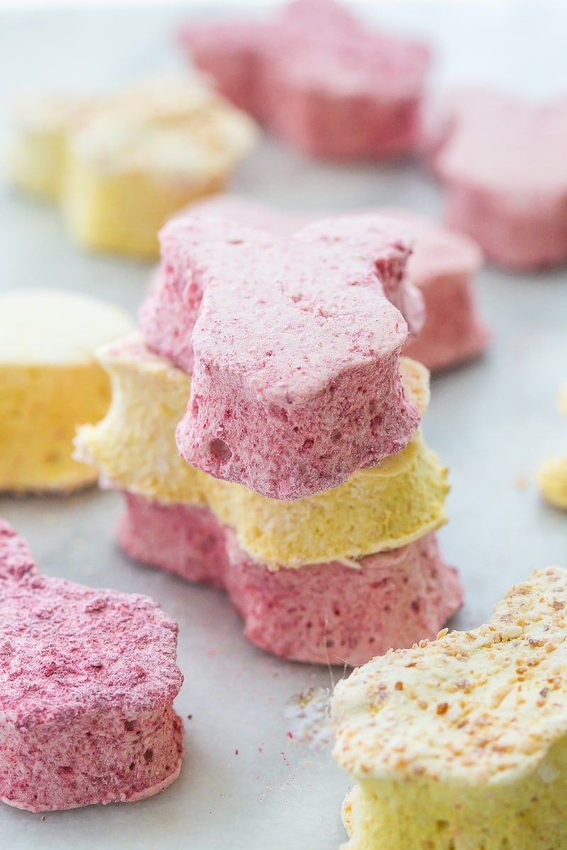 These paleo peeps are the perfect paleo Easter candy. Made from homemade raspberry paleo marshmallows and toasted coconut lemon paleo marshmallows, you'll be shocked at how similar they are to the traditional treat, but made only with healthy ingredients. A paleo Easter staple! Or cut them into cubes for an anytime paleo dessert.