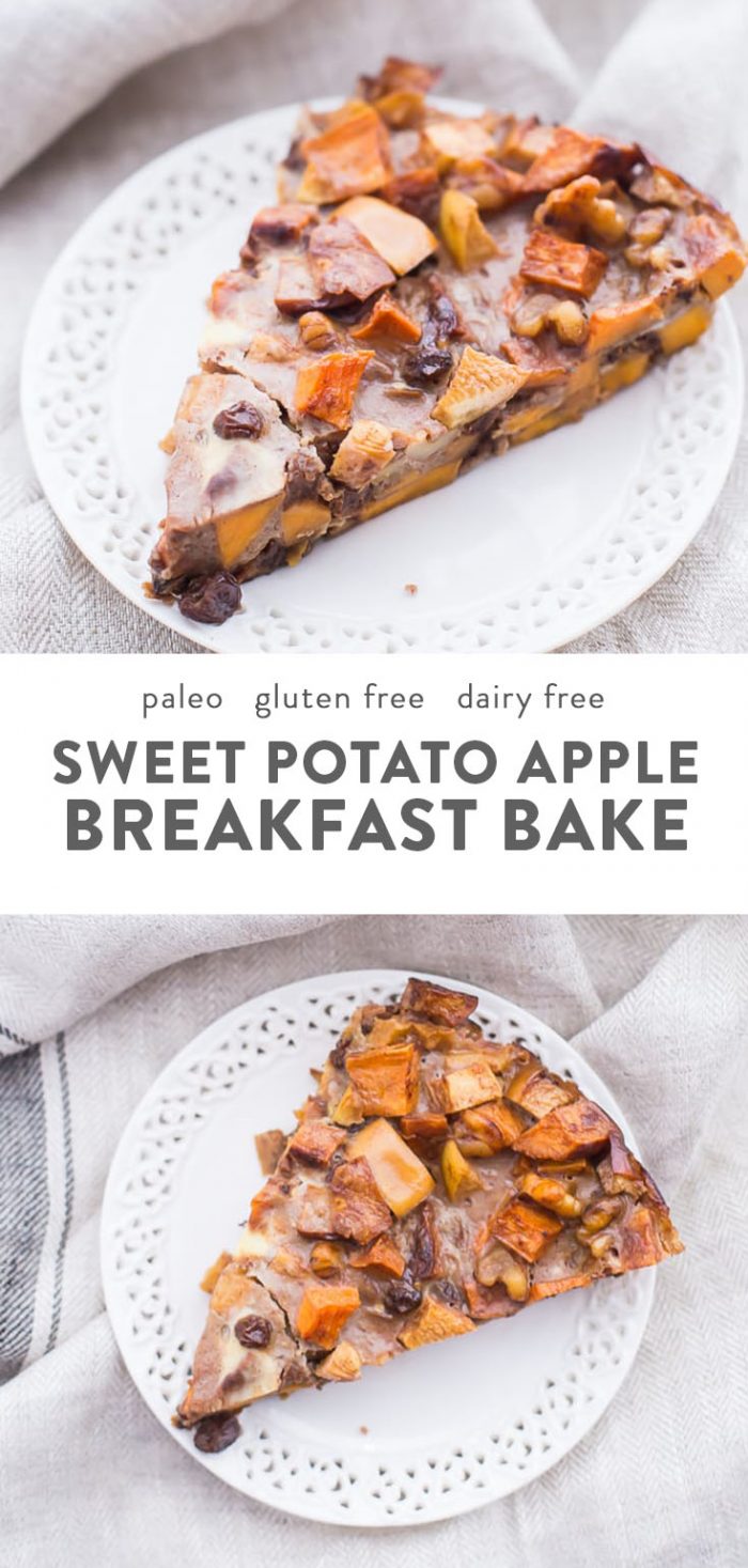 A slice of paleo sweet potato and apple breakfast bake on a white plate.