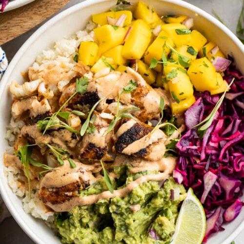 Overhead view of Whole30 fish taco bowl.