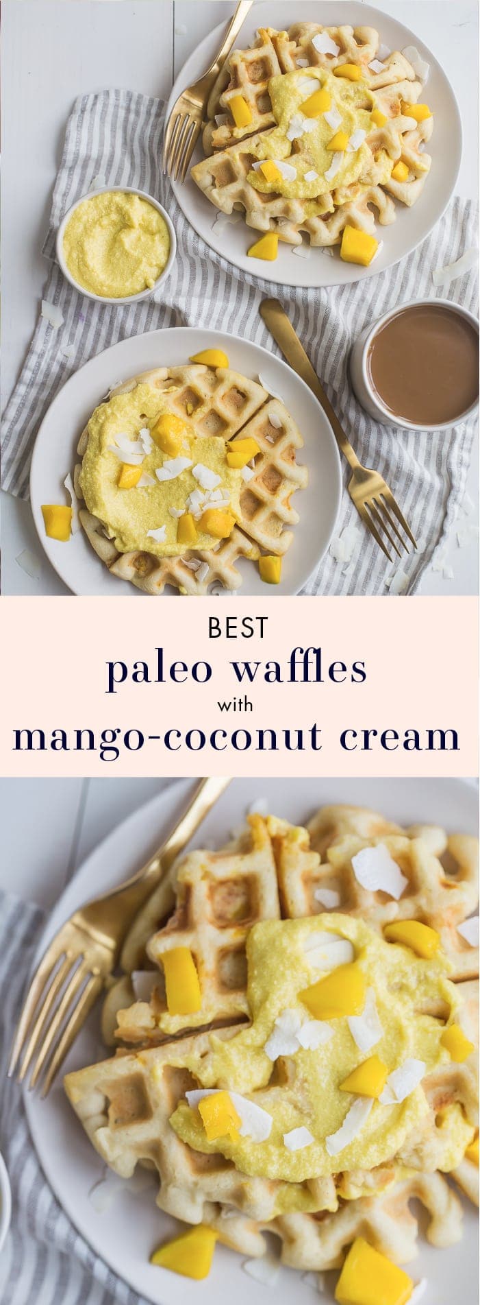 These are the best paleo waffles, topped with sweet mango cream. They're tender and light, sweet and flavorful. Topped with a sweet mango cream made from healthy, real ingredients, this dish will become your favorite paleo breakfast recipe! And if you're asking me, this is the best paleo waffle recipe - the texture is light and fluffy, but you'll feel energized instead of sluggish after a stack. Perfect for spring and summer!