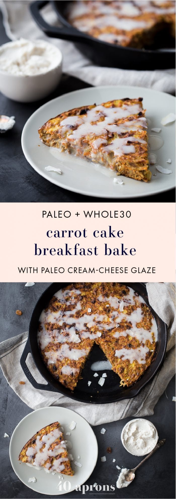 This carrot cake paleo breakfast bake is like eating carrot cake for breakfast! With pineapple, golden raisins, coconut, cinnamon, walnuts, and a paleo cream cheese glaze, this paleo breakfast bake is easy but delicious. Destined to become a regular on your paleo breakfast bake roster!