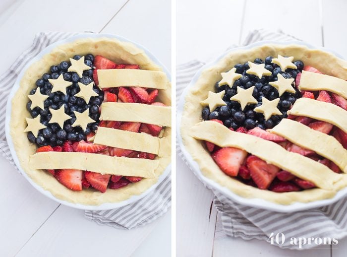 This paleo American flag pie is the absolute perfect paleo 4th of July dessert. Full of fresh strawberries and blueberries with a crunchy crust, it's a stellar paleo pie that's just stunning. Is there a better paleo pie for the ultimate paleo 4th of July dessert table? I think not!