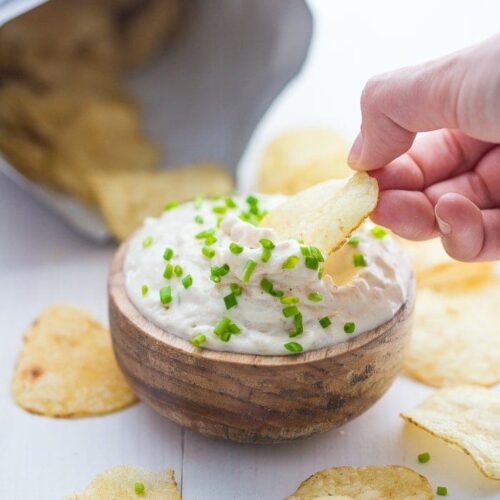 This paleo French onion dip is easy, delicious, and perfect with potato chips for a paleo appetizer. This Paleo French onion dip is absolutely bound to become one of your favorite paleo dips and it's just in time for summer!