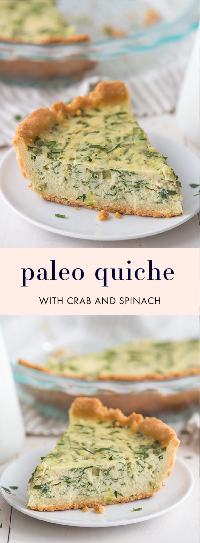 This paleo quiche with crab and spinach is a fantastic paleo Mother's Day brunch recipe, but it's versatile and quick enough to become a favorite paleo dinner or paleo brunch dish in your rotation. With an almond flour crust, this paleo quiche is so much like a cheesy, gluteny quiche!