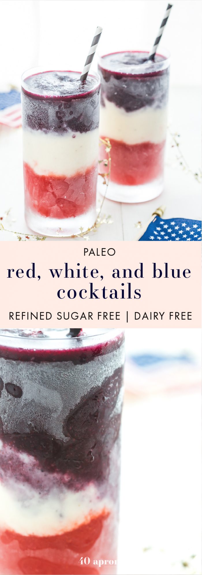 These paleo red, white, and blue cocktails are perfect 4th of July cocktails: boozy, fruity layers form a striking drink that tastes delish. Easy to make and free of refined sugar and dairy, these are the perfect Memorial Day cocktails, Labor Day cocktails, or heck, just paleo summer cocktails, too. U-S-A!