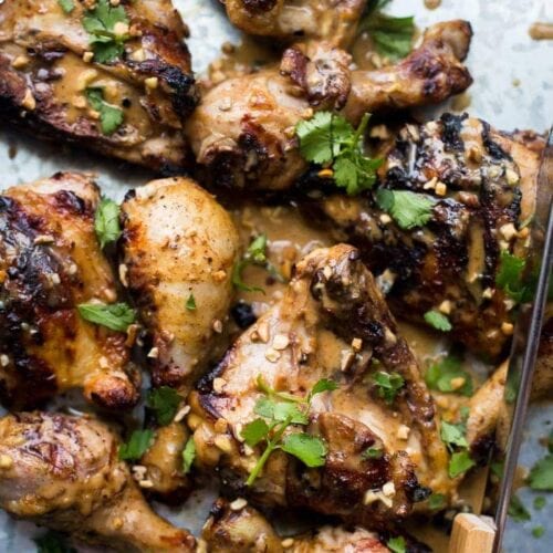 This grilled peanut-free chicken satay tastes just like the Thai classic but without any peanuts. It comes together quickly and won't heat up the kitchen, making it bound to be one of your favorite grilled paleo or grilled Whole30 recipes. This peanut-free chicken satay is stinkin' delicious!