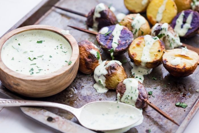 Red white and blue potato skewers