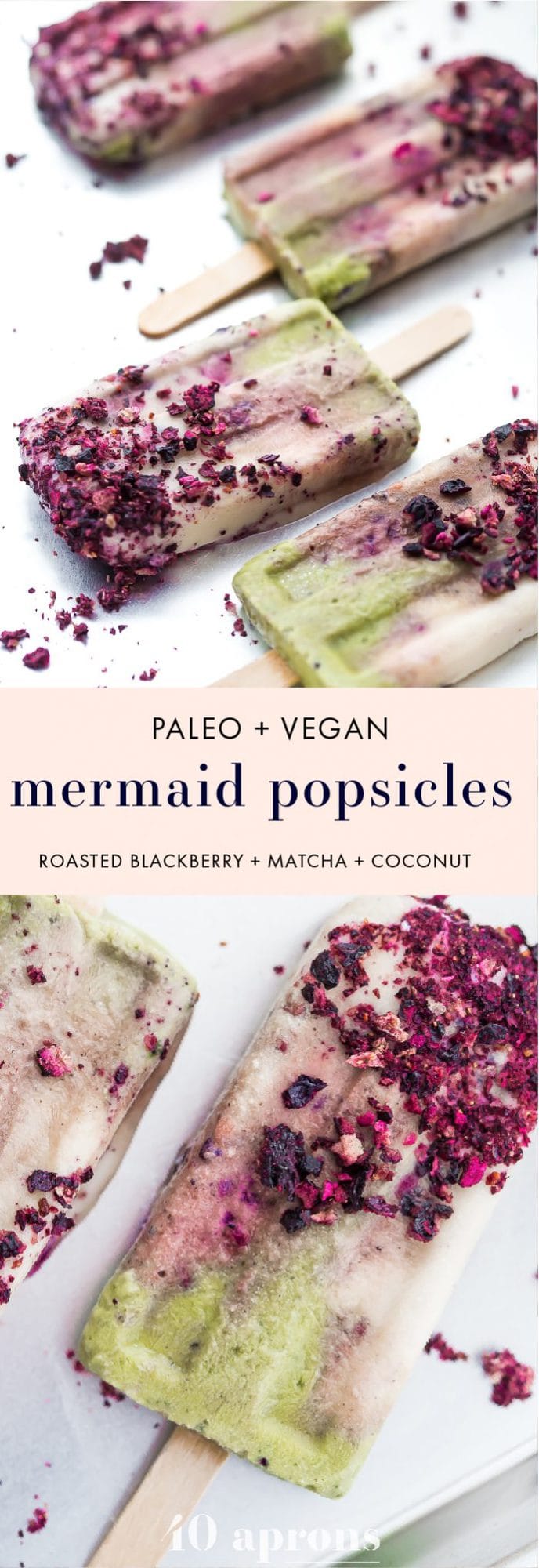 These mermaid popsicles layer a creamy coconut matcha mixture with a sweet coconut cream and honey roasted blackberries. Perfect for a mermaid party or mermaid birthday party, these stunning paleo popsicles are surprisingly easy. One of my favorite paleo popsicle recipes or vegan popsicle recipes, these mermaid popsicles are just too much fun! Made with the best popsicle mold and my favorite matcha powder.