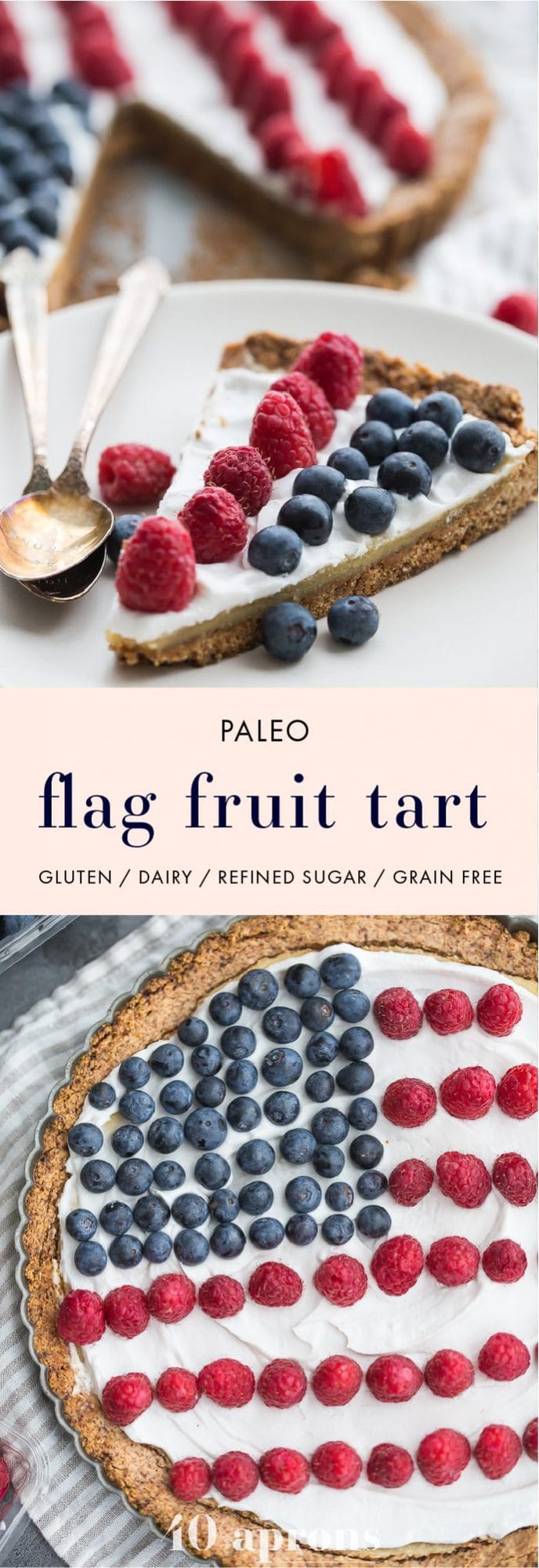 This paleo flag fruit tart is Fourth of July dessert perfection. With a coconut oil shortbread crust, rich almond frangiapane filling, and topped with cool coconut cream and fresh fruit, you've got your paleo Fourth of July dessert covered. Why make a paleo 4th of July cake when you can make a tart delicious enough to beat all other paleo 4th of July desserts?! U-S-A! U-S-A!