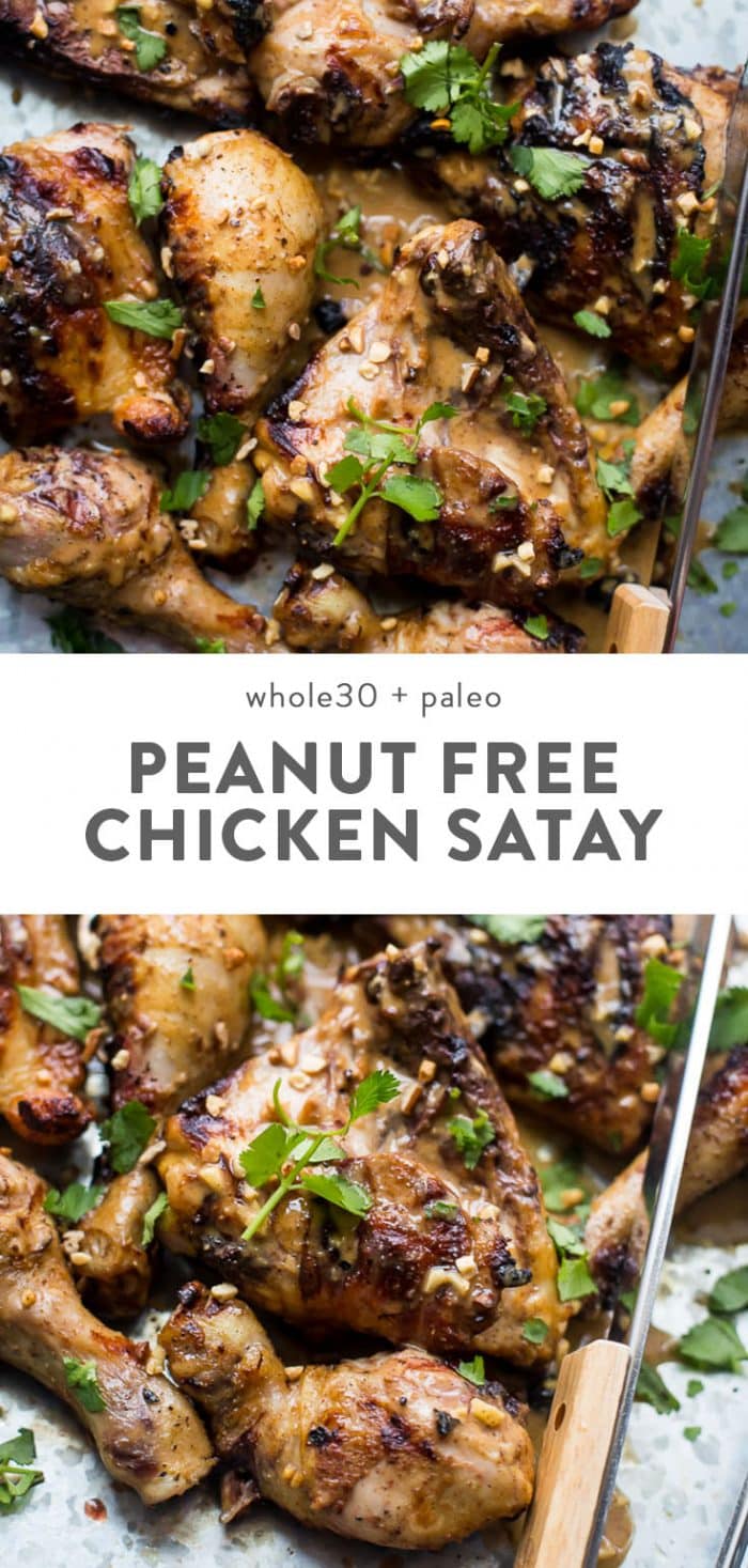 Peanut free chicken satay on a platter.