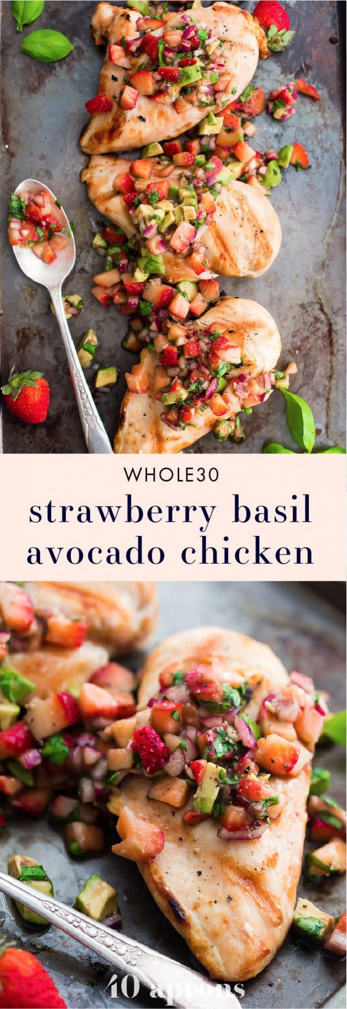 This Whole30 strawberry basil chicken with avocado is the ideal Whole30 grilled chicken recipe: quick, flavorful, and a little sweet! The perfect Whole30 dinner for those nights when you can't stand yet another savory recipe. While this Whole30 strawberry basil chicken with avocado is totally Whole30 compliant, it's perfect for anyone! Strawberry basil chicken needs to be a thing in your house... like yesterday.