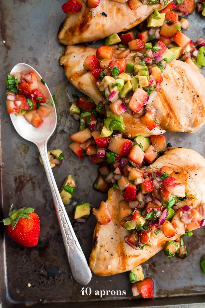 This Whole30 strawberry basil chicken with avocado is the ideal Whole30 grilled chicken recipe: quick, flavorful, and a little sweet! The perfect Whole30 dinner for those nights when you can't stand yet another savory recipe. While this Whole30 strawberry basil chicken with avocado is totally Whole30 compliant, it's perfect for anyone! Strawberry basil chicken needs to be a thing in your house... like yesterday.