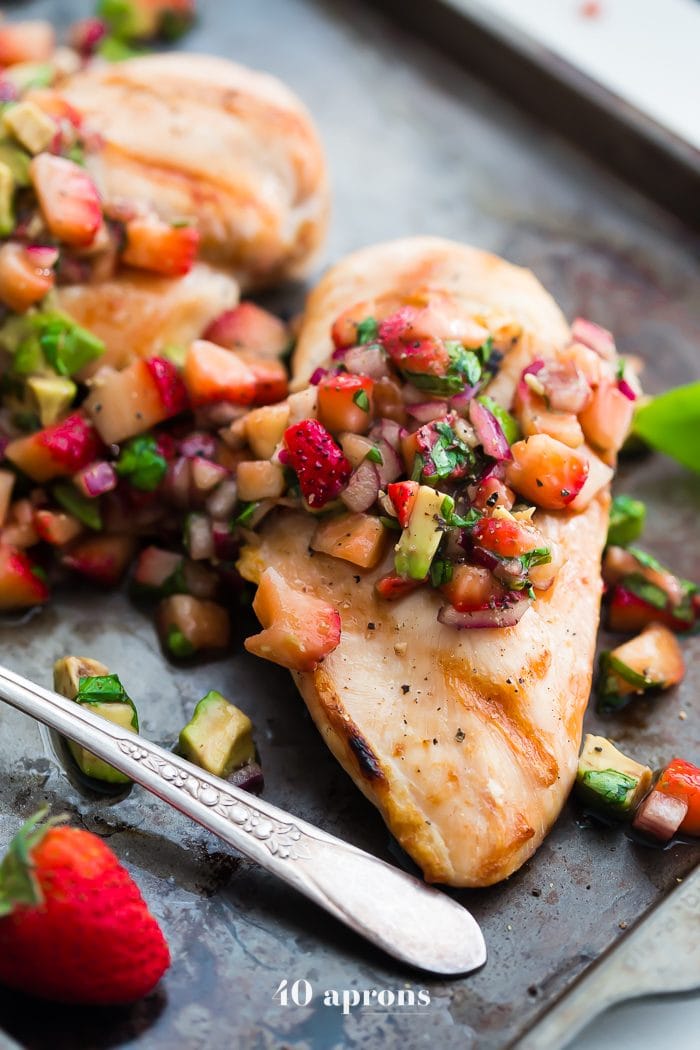 This Whole30 strawberry basil chicken with avocado is the ideal Whole30 grilled chicken recipe: quick, flavorful, and a little sweet! The perfect Whole30 dinner for those nights when you can't stand yet another savory recipe. While this Whole30 strawberry basil chicken with avocado is totally Whole30 compliant, it's perfect for anyone! Strawberry basil chicken needs to be a thing in your house... like yesterday.