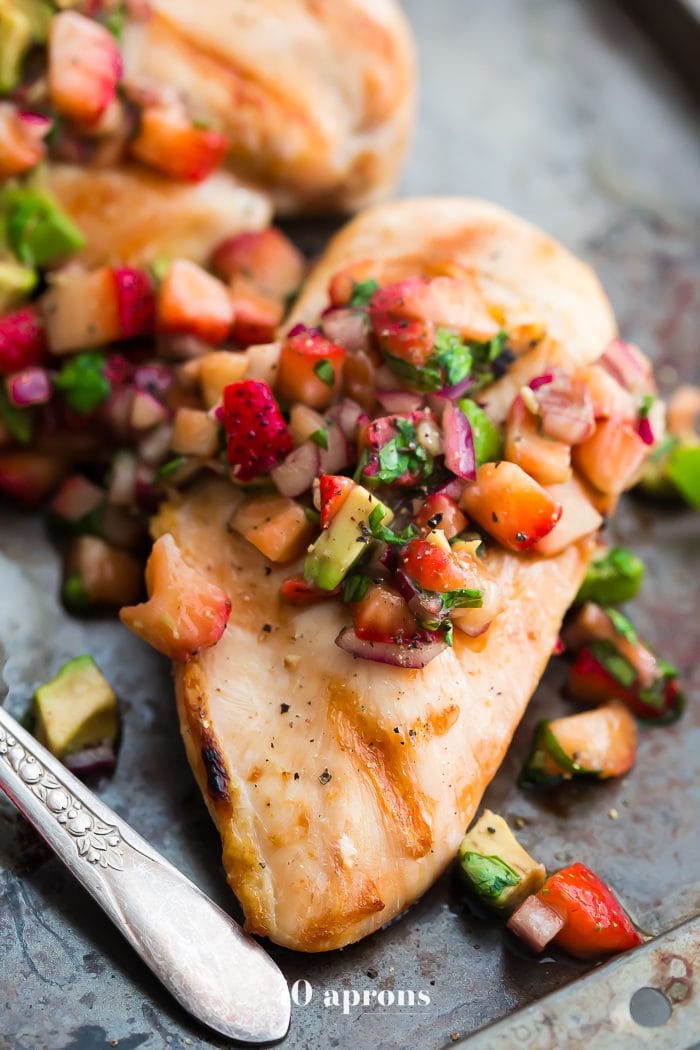 This Whole30 strawberry basil chicken with avocado is the ideal Whole30 grilled chicken recipe: quick, flavorful, and a little sweet! The perfect Whole30 dinner for those nights when you can't stand yet another savory recipe. While this Whole30 strawberry basil chicken with avocado is totally Whole30 compliant, it's perfect for anyone! Strawberry basil chicken needs to be a thing in your house... like yesterday.