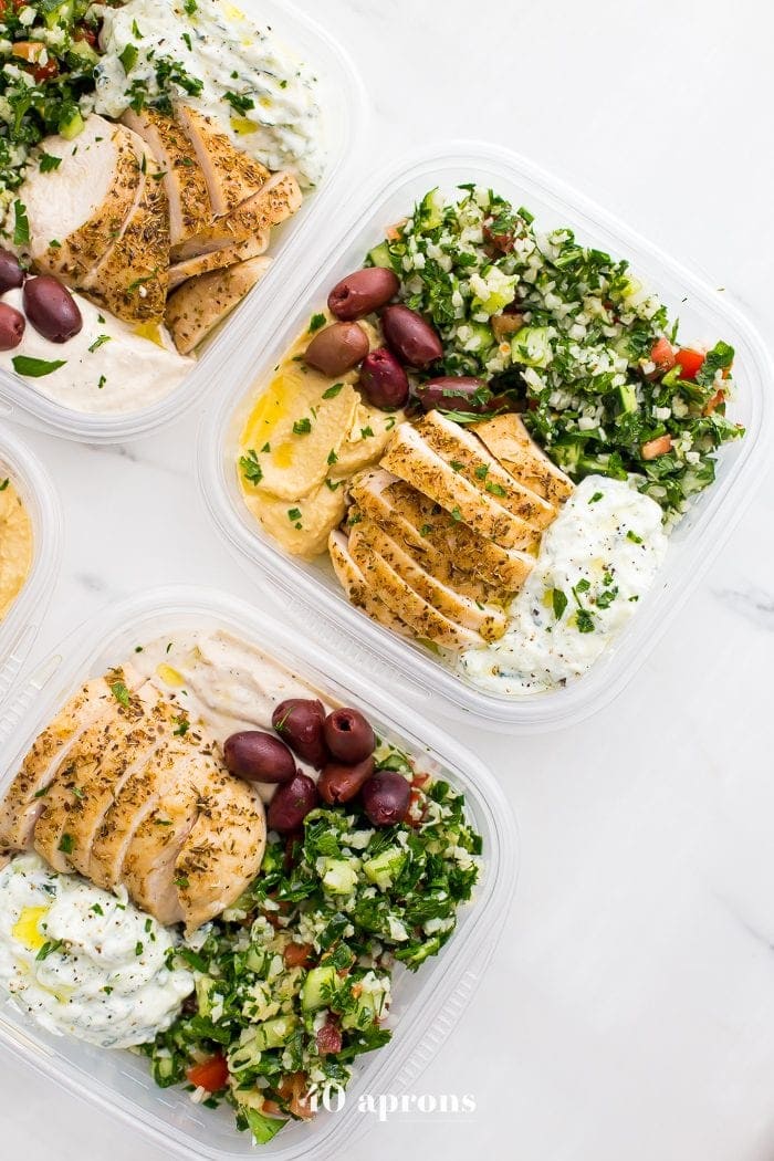 Whole30 Greek salads in meal prep boxes