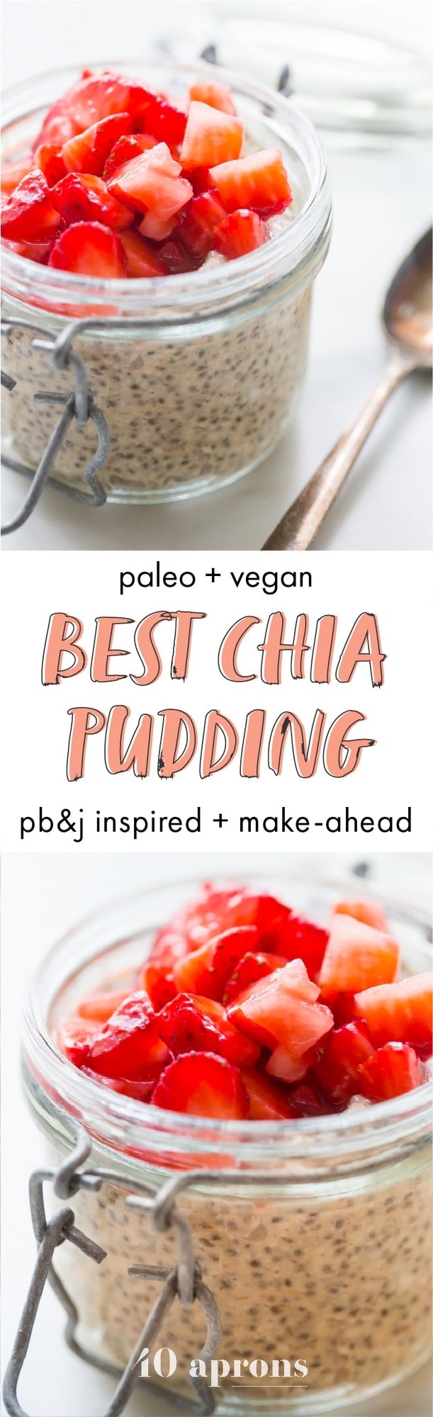 This is the best chia pudding recipe, inspired by the back-to-school classic, PB&J. With only a few ingredients, this is the best chia pudding recipe for a reason: it's perfectly sweet, filling, light, and refreshing, packed with flavor from the almond butter or peanut butter and sweet macerated strawberries. Such a perfect paleo chia pudding recipe or vegan chia pudding recipe!