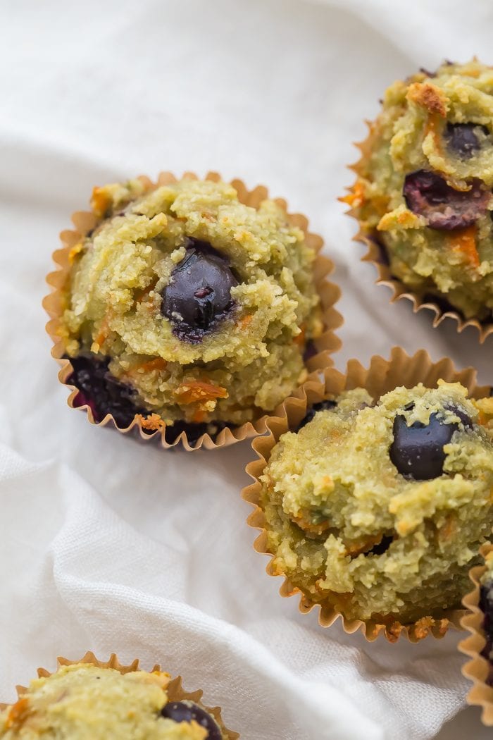 These gluten-free muffins for kids (with blueberries and avocado) are the perfect back-to-school muffins! Gluten and grain free, made with cultured dairy, and with low sugar, they're great to serve to a class, too. These gluten-free muffins for kids are packed with fruits and veggies, including carrots, avocado, and blueberries! I think your family will love these gluten-free muffins for kids just as much as mine does.