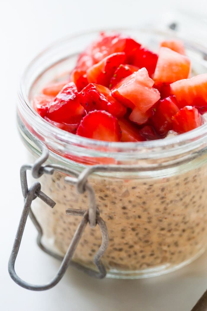 This is the best chia pudding recipe, inspired by the back-to-school classic, PB&J. With only a few ingredients, this is the best chia pudding recipe for a reason: it's perfectly sweet, filling, light, and refreshing, packed with flavor from the almond butter or peanut butter and sweet macerated strawberries. Such a perfect paleo chia pudding recipe or vegan chia pudding recipe!