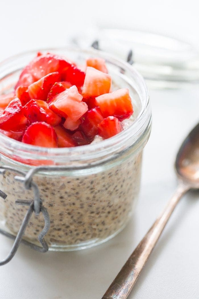 This is the best chia pudding recipe, inspired by the back-to-school classic, PB&J. With only a few ingredients, this is the best chia pudding recipe for a reason: it's perfectly sweet, filling, light, and refreshing, packed with flavor from the almond butter or peanut butter and sweet macerated strawberries. Such a perfect paleo chia pudding recipe or vegan chia pudding recipe!