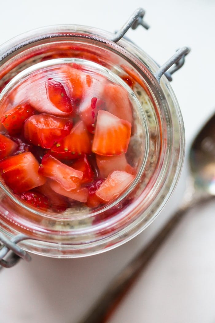 This is the best chia pudding recipe, inspired by the back-to-school classic, PB&J. With only a few ingredients, this is the best chia pudding recipe for a reason: it's perfectly sweet, filling, light, and refreshing, packed with flavor from the almond butter or peanut butter and sweet macerated strawberries. Such a perfect paleo chia pudding recipe or vegan chia pudding recipe!