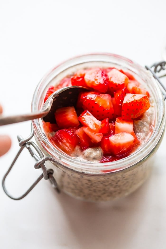 This is the best chia pudding recipe, inspired by the back-to-school classic, PB&J. With only a few ingredients, this is the best chia pudding recipe for a reason: it's perfectly sweet, filling, light, and refreshing, packed with flavor from the almond butter or peanut butter and sweet macerated strawberries. Such a perfect paleo chia pudding recipe or vegan chia pudding recipe!